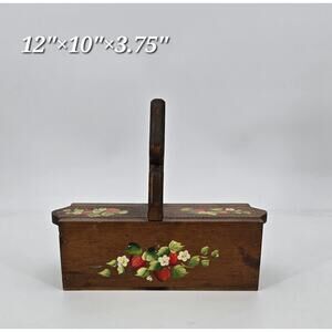 Vintage Hand-Painted Cottagecore Strawberry  Wooden Sewing or Recipe Box